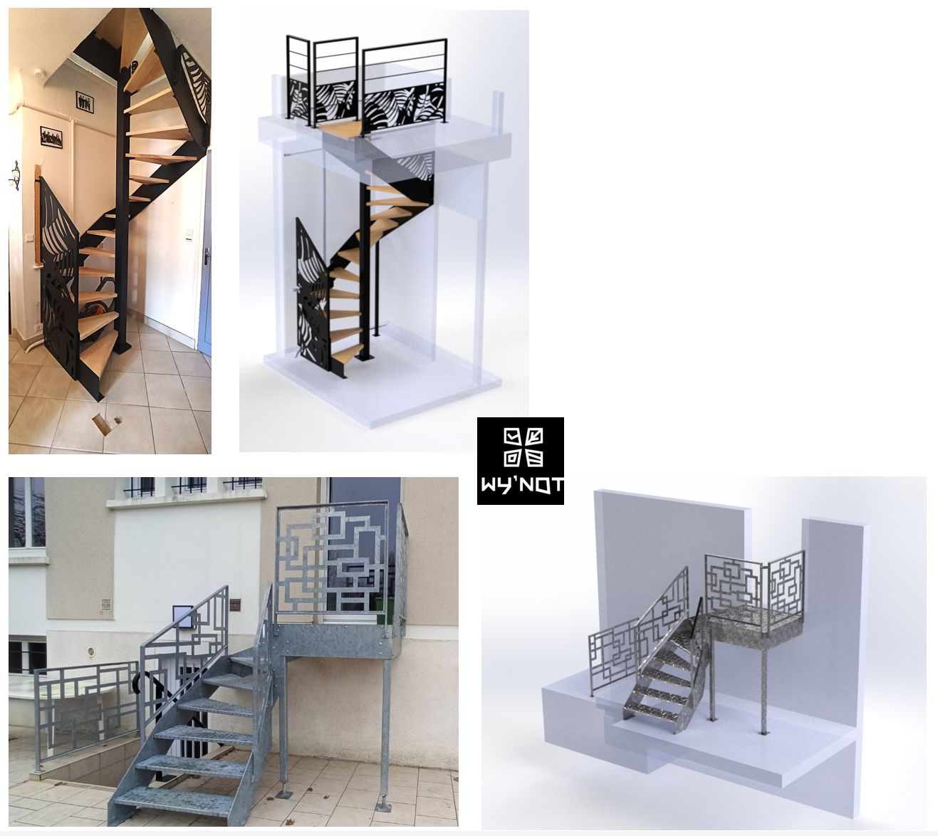 Réalisation pour WY'NOT : escalier bois et métal à motif végétal